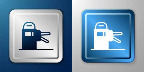 White Turnstile icon isolated on blue and grey background. Silver and blue square button. Vector