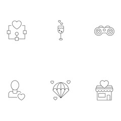 Romance, dating and love concept. Outline symbols of various things next to heart. Line icons of algorithm, binocular, glass, parachute, store, person