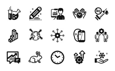 Vector set of Animal tested, World vaccination and Multichannel icons simple set. Chemistry lab, Freezing and Coronavirus vaccine icons. Animal tested simple web symbol. Vector