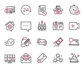 Vector Set of Education icons related to Fast payment, Work home and Keywords icons. Checkbox, Documents box and Video conference signs. Refresh mail, Pyramid chart and Chemistry molecule. Vector