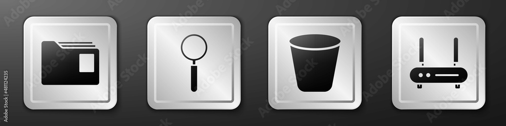 Poster set document folder, magnifying glass, trash can and router and wi-fi signal icon. silver square but
