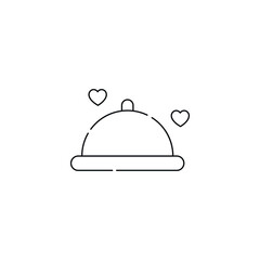 Romance and love concept. Outline sign drawn in flat style. Line icon of hearts over bowl with cloche