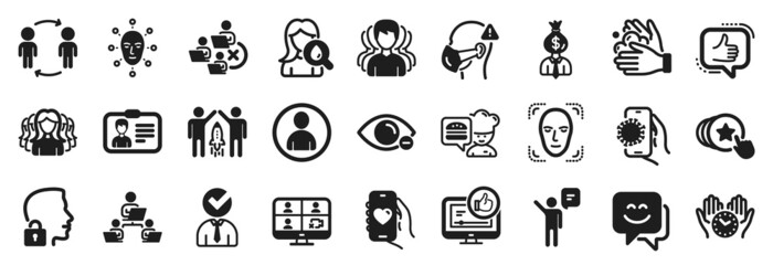 Set of People icons, such as Manager, Video conference, Agent icons. Face detection, Unlock system, Dating app signs. Women group, Face biometrics, Safe time. Vacancy, Wash hands, Workflow. Vector
