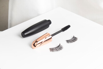 mascara for black lashes, eyelash with bottle container mockup product, cosmetic branding makeup, on white background