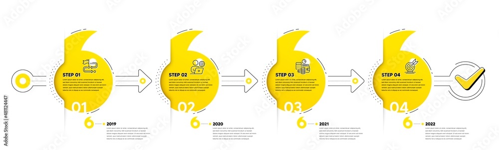 Poster business infographic timeline with 4 steps. quotes journey path infographics. workflow process diagr