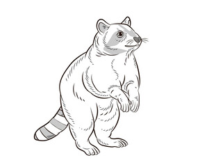 
Animals. Black and white image of a cute raccoon, coloring book for children. 
Isolated background, linear drawing.