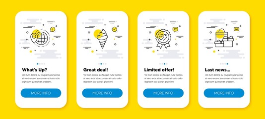 Vector set of Ice cream, World travel and Love award line icons set. UI phone app screens with line icons. Shopping icon. Sundae cone, Map pointer, Valentines day. Holiday packages. Vector