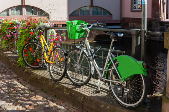 Bicycle with purchasing bags on the streets of Strasbourg. Alsace, France