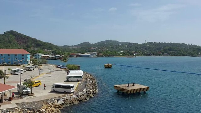 Roatan Honduras Aug 24 2021 view of Roatan cruise terminal ocean and mountain