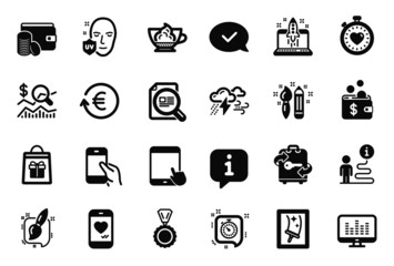 Vector Set of simple icons related to Hold smartphone, Heartbeat timer and Espresso cream icons. Creativity, Painting brush and Timer signs. Window cleaning, Medal and Approved message. Vector