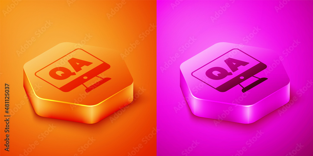 Poster isometric speech bubbles with question and answer icon isolated on orange and pink background. q and