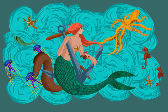 Under the sea fantasy cartoon scene with a mermaid vector