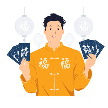 Asian man in traditional chinese clothes in chinese new year holding red envelopes or Ang Pao with text means great luck, great profit concept illustration