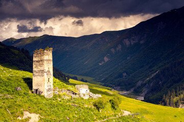 Ruins of a stone tower in the alpine village of Adishi. Georgia, Caucasus mountains.