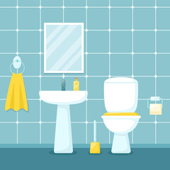 Interior of toilet room with sink, mirror and toilet, vector illustration