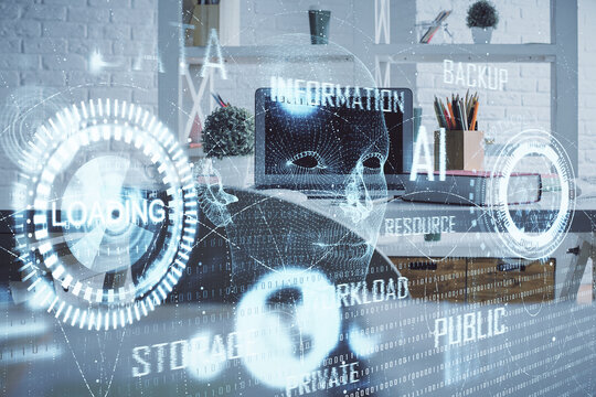 Double exposure of data theme drawing and office interior background. Concept of technology.