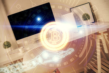 Double exposure of crypto technology theme drawing and office interior background. Concept of...