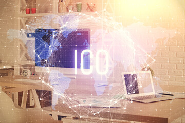 Double exposure of crypto technology theme drawing and office interior background. Concept of...