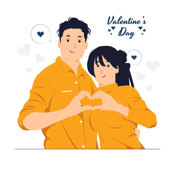 a man and a woman, romantic couple showing heart with two hands, love sign, heart shape while celebrating Saint Valentine's Day concept illustration