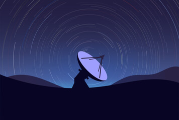 Big radio telescope on a hills, with night starry sky and time lapse star trails from Earth moving. Concentric circles from stars. Radio astronomy an interferometer antenna. Science space radar.