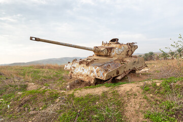 Destroyed  Israeli tank is after the Yom Kippur War near Mehola village in the Palestinian...
