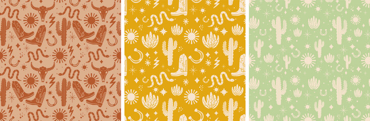 Cowboy Western Boho Cactus Warm Earthy Colors Vector Pattern Collection. Different assets Sun, Snake, Cowboy boots, bull skull, horseshoe
- 481126646