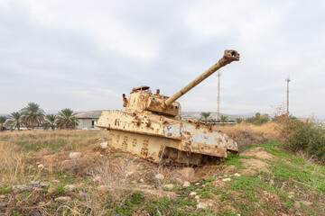 Destroyed  Israeli tank is after the Yom Kippur War near Mehola village in the Palestinian...