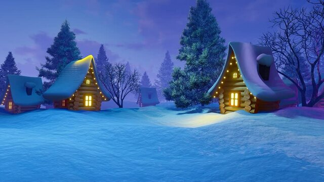 Fairy-tale wooden houses on the outskirts of a snow-covered forest. They are decorated with garlands of lanterns, which indicates the approach of Christmas.