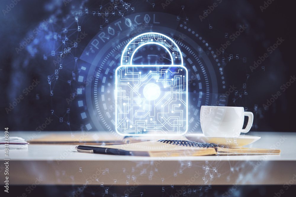 Aufkleber Double exposure of lock drawing and desktop with coffee and items on table background. Concept of securitization.