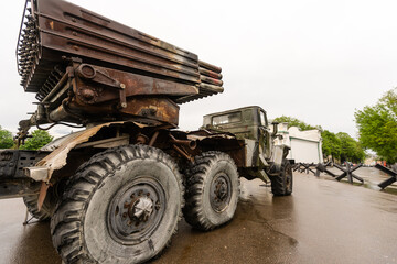 Close-up view of the ancient machine gun system. Russian machine gun during the Civil War. War concept. Image for magazines and articles about military equipment.