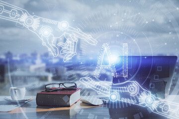 Multi exposure of data theme drawings and desk with open notebook background. Concept of education