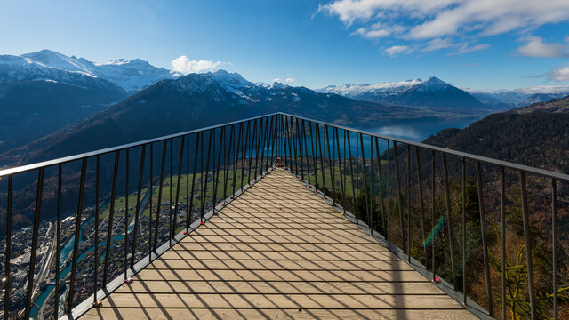 Platform and Alps mountains landscape in Interlaken in Switzerland