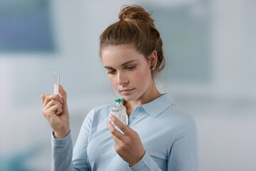 young female doctor's assistant or nurse pulls up a syringe in front of a clinic room