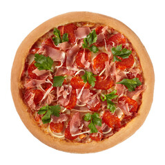 Top view of meat pizza with salami, smoked chicken and prosciutto isolated on white background