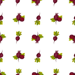 Seamless pattern with beet. Print of healthy vegetables, half and green leaves of tops on white background. Vector flat illustration