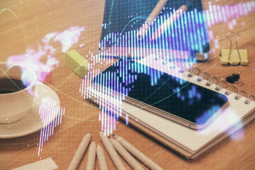Double exposure of financial theme drawing and cell phone background. Concept of business