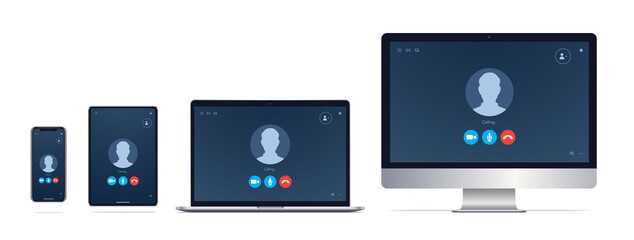 Videocall window on different screens. Computer monitor, laptop, tablet, smartphone. Vector Illustration