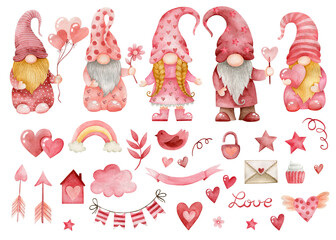 Watercolor set of valentine's day, gnomes