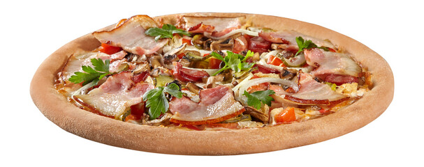 Country style pizza with chicken, bacon, hunting sausages, pickled cucumbers, mushrooms, onions, tomatoes and greens
