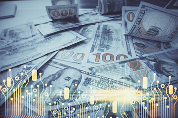 Double exposure of data theme drawing over us dollars bill background. Technology concept.