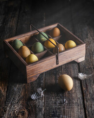 Naturally dyed eggs for Easter in vintage metal tray, festive greeting card, copy space