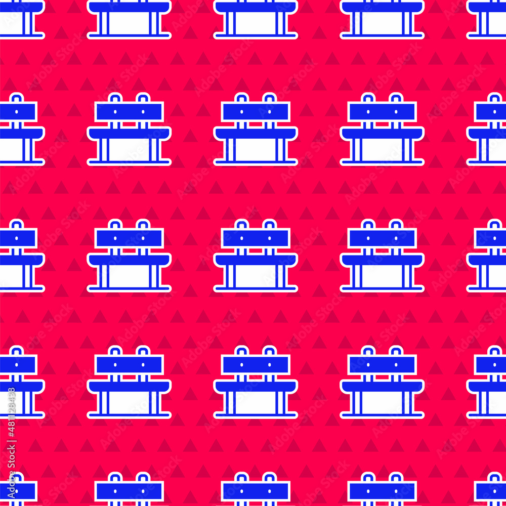 Poster Blue Bench icon isolated seamless pattern on red background. Vector