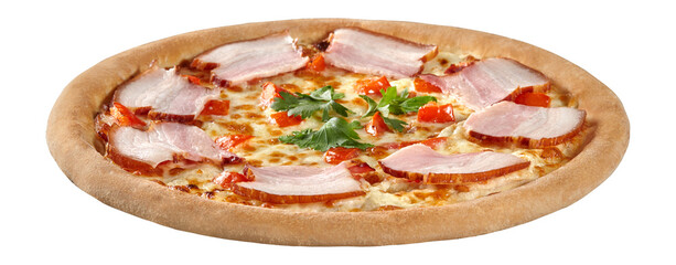 Closeup of pizza with cream cheese sauce, bacon, tomatoes and greens isolated on white