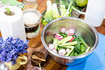 Fresh vegetable salad on table close up