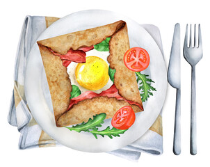 French Breton buckwheat pancakes with egg and arugula