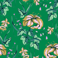 Vintage Lily background for fabric design. Natural abstract art. Pattern print template. Vector fabric seamless pattern. Modern vector wallpaper. Trendy seamless vector floral pattern.