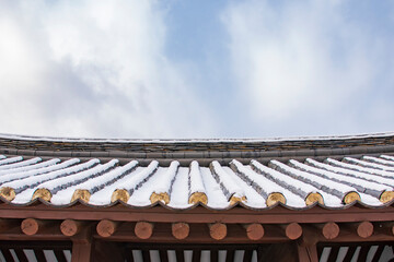 Korean New Year's Day image. Close-up of the tile image covered with snow in the sky background.
Giwa, Korean Traditional Roof Tile Used for Building a Hanok, a Korean-style House