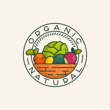 The logo design concept of organically natural food. Vintage logo vegetables and fruits in the basket. Healthy foods for proper nutrition.