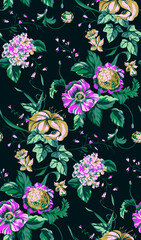 Vintage floral background for fabric design. Natural abstract art. Seamless pattern. Vector fabric seamless pattern. Modern vector wallpaper. Trendy seamless vector floral pattern.