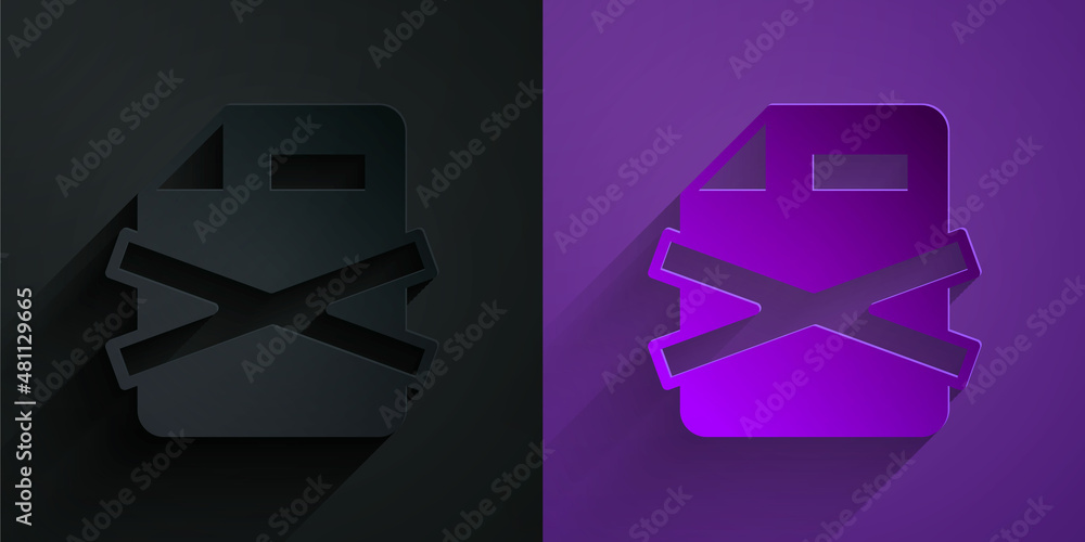 Poster paper cut delete file document icon isolated on black on purple background. rejected document icon. 